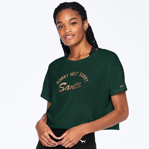 Vs pink sorry not sorry Santa crop tee - Picture 2 of 3